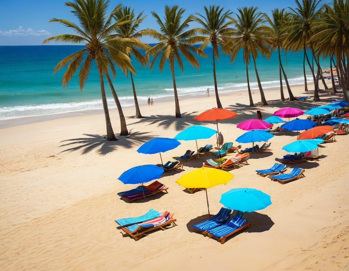 An inviting beach scene featuring a diverse group of people wearing vibrant thong swimwear, basking in the sun, with colorful beach umbrellas and towels scattered around. The turquoise ocean waves crash gently on the shore while palm trees sway in the background. Brightly colored flip-flops and beach accessories add to the lively atmosphere of summer fun. A clear blue sky with a few fluffy clouds completes the idyllic setting. super-realistic. vibrant colors. sunny ambiance.