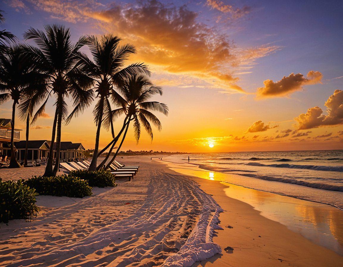 A picturesque beach scene showcasing a blend of luxurious resorts and cozy coastal accommodations, with palm trees swaying gently in the breeze. Vibrant sun loungers and crystal-clear water invite relaxation, while a sunset casts a warm glow over the horizon. Include families enjoying their time, couples strolling the beach, and vibrant beach towels scattered across the sand. super-realistic. vibrant colors. tropical paradise.